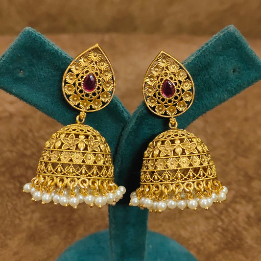 Antique Gold Nakshi Ruby & Pearl Dome Jhumka Earrings | Handcrafted Temple Jewellery Jhumkas