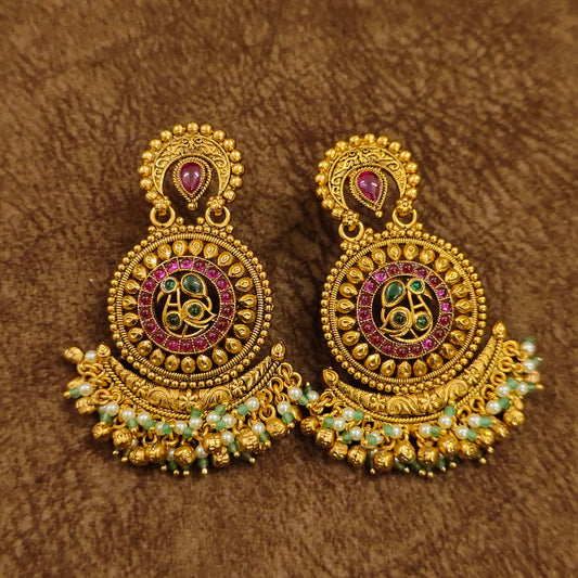 Antique Gold Ruby Emerald Chandbali Earrings | Nakshi Temple Jewellery Chandbali for Women