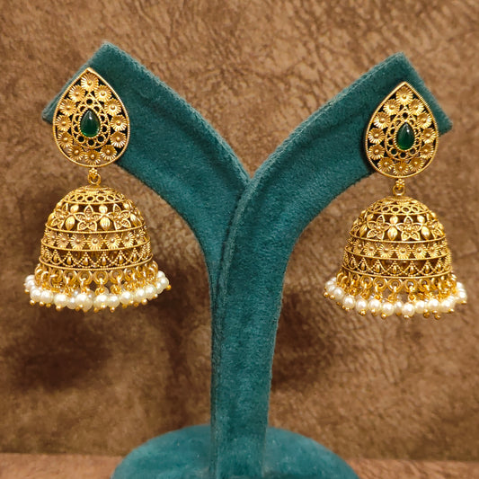 Antique Gold Nakshi Emerald & Pearl Dome Jhumka Earrings | Handcrafted Temple Jewellery Jhumkas
