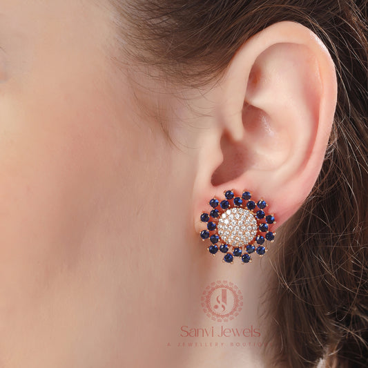 Midnight Sapphire Floral Stud Earrings – Blue Stone & CZ Diamond Halo Statement Earrings
