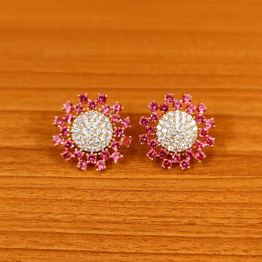 Pink Ruby Sunburst Stud Earrings – Gold Plated CZ Diamond Floral Bridal Earrings