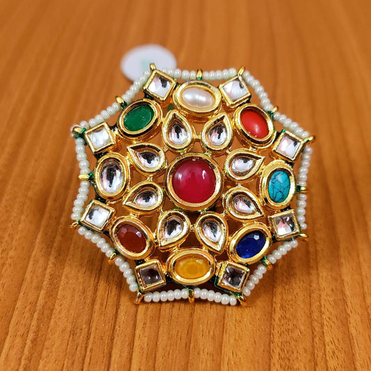 NAVRATAN KUNDAN MEENAKARI ADJUSTABLE COCKTAIL RING