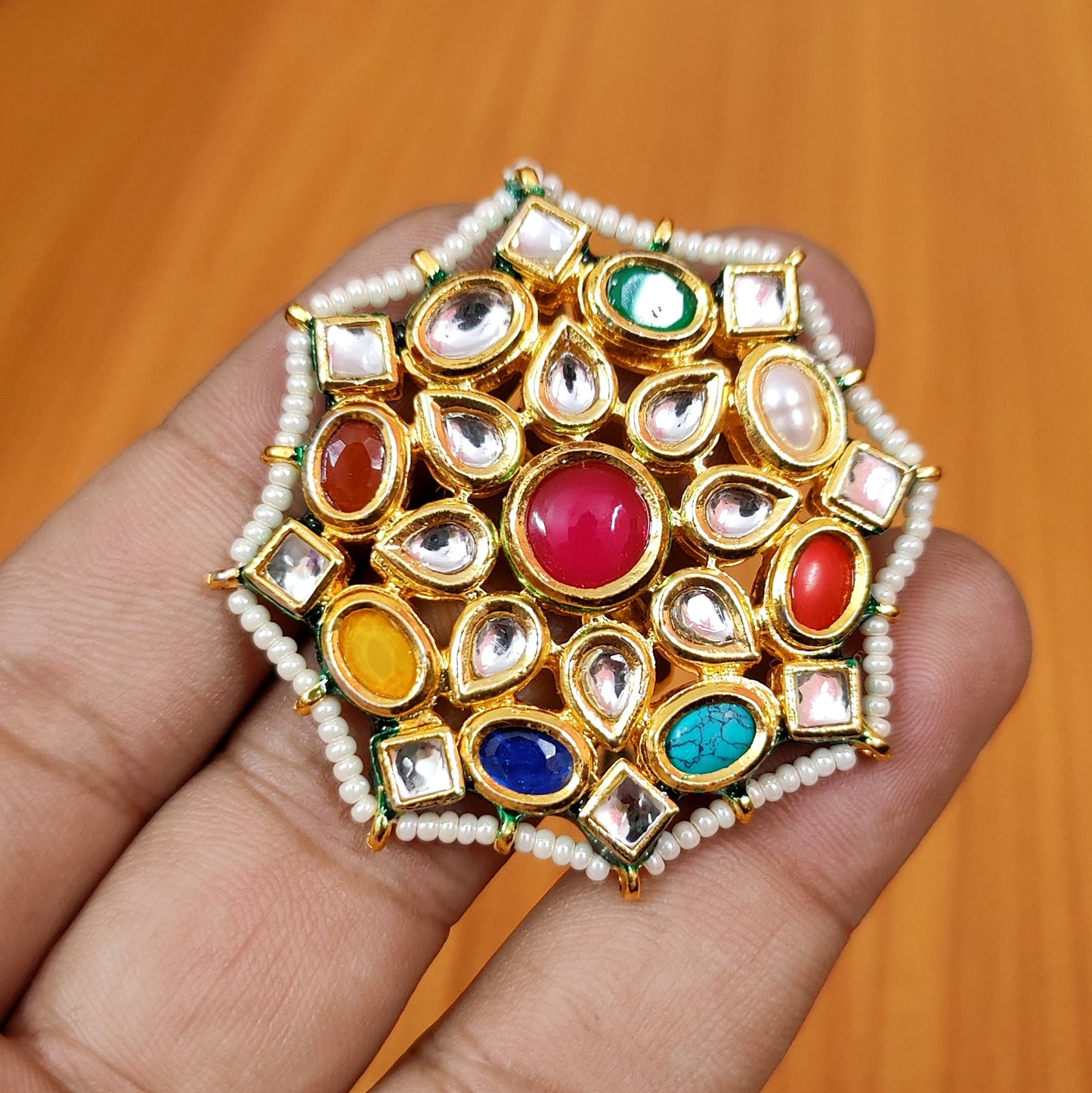 NAVRATAN KUNDAN MEENAKARI ADJUSTABLE COCKTAIL RING