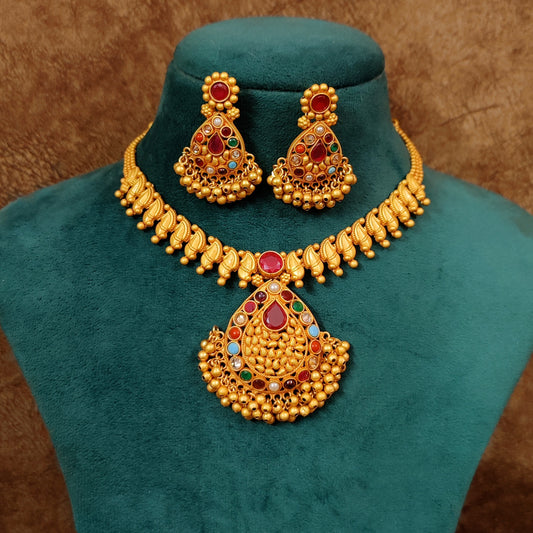 NAVRATAN MATT GOLD PLATED PARTY WEAR NECKLACE SET