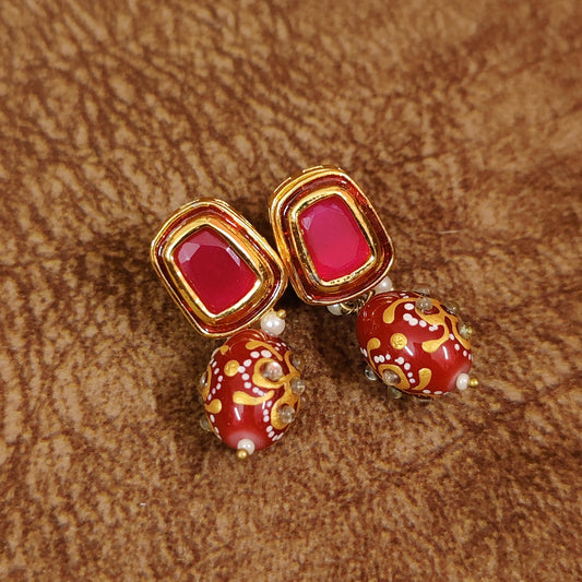 RUBY KUNDAN MEENAKARI GOLD PLATED DANGLING STUDS