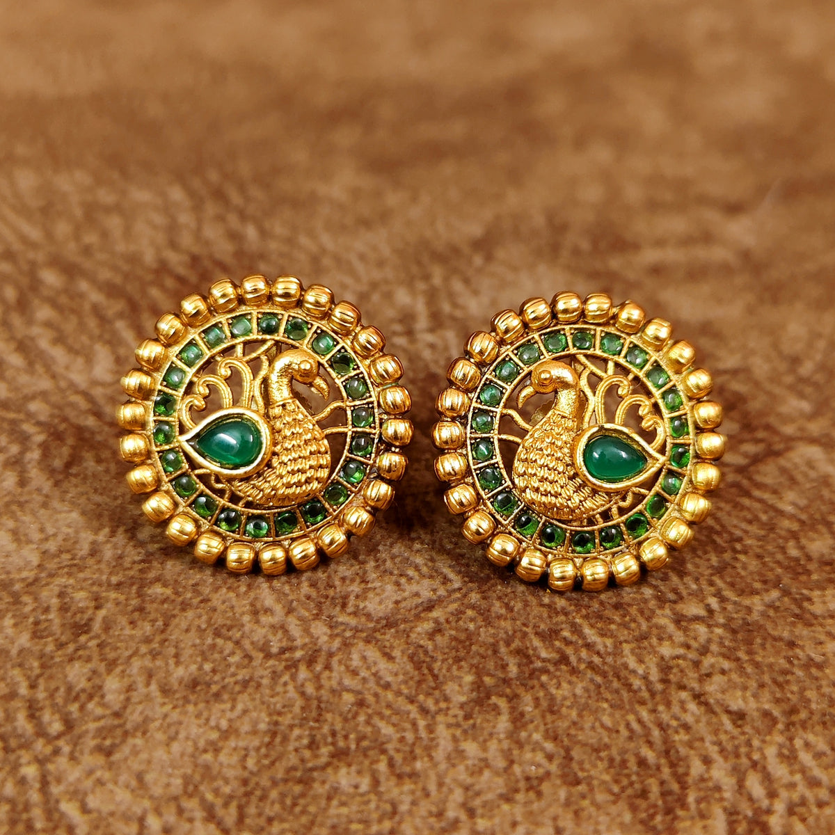 GREEN KEMPU STONE GOLD PLATED PEACOCK STUDS – Sanvi Jewels