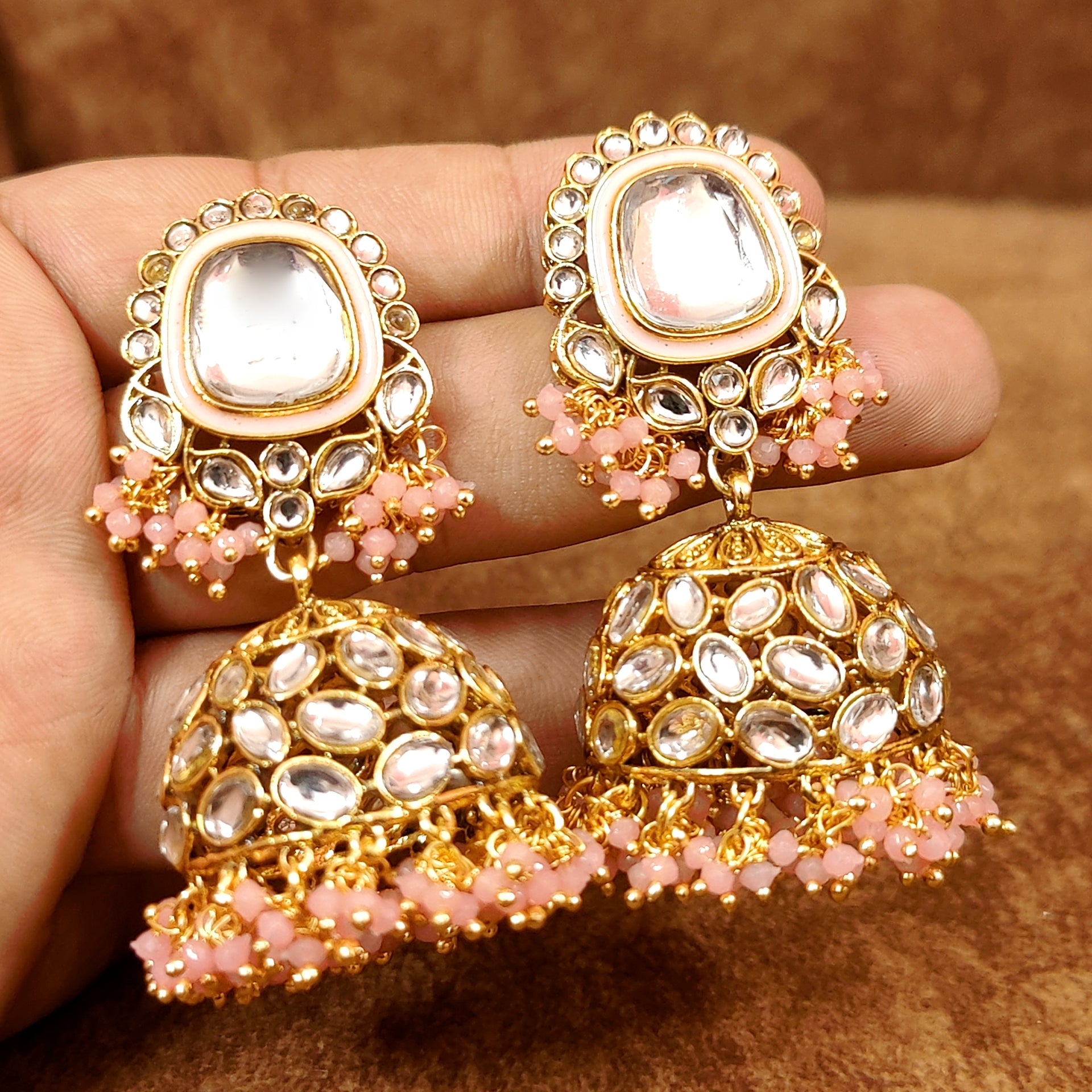 BABY PINK KUNDAN LOOK WEDDING JHUMKA'S – Sanvi Jewels
