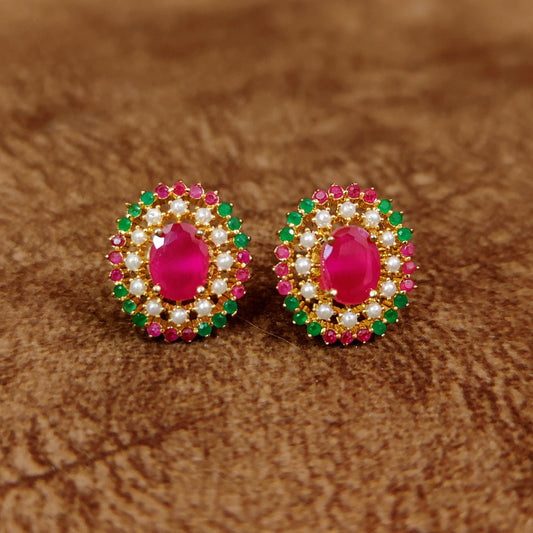 RUBY & EMERALD GOLD PLATED PEARL STUDS