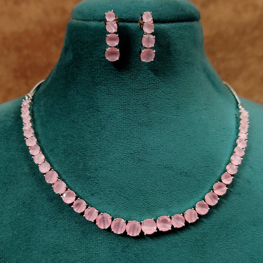 Pink Colour Single Line Gold Plated Necklace Set