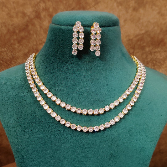 2-LAYERED SOLITAIRE LOOK GOLD PLATED NECKLACE SET