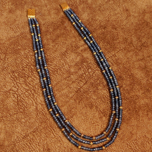 GREY COLOUR ONYX & ANTIQUE BEADS 3 LINE SEMI-PRECIOUS NECKLACE