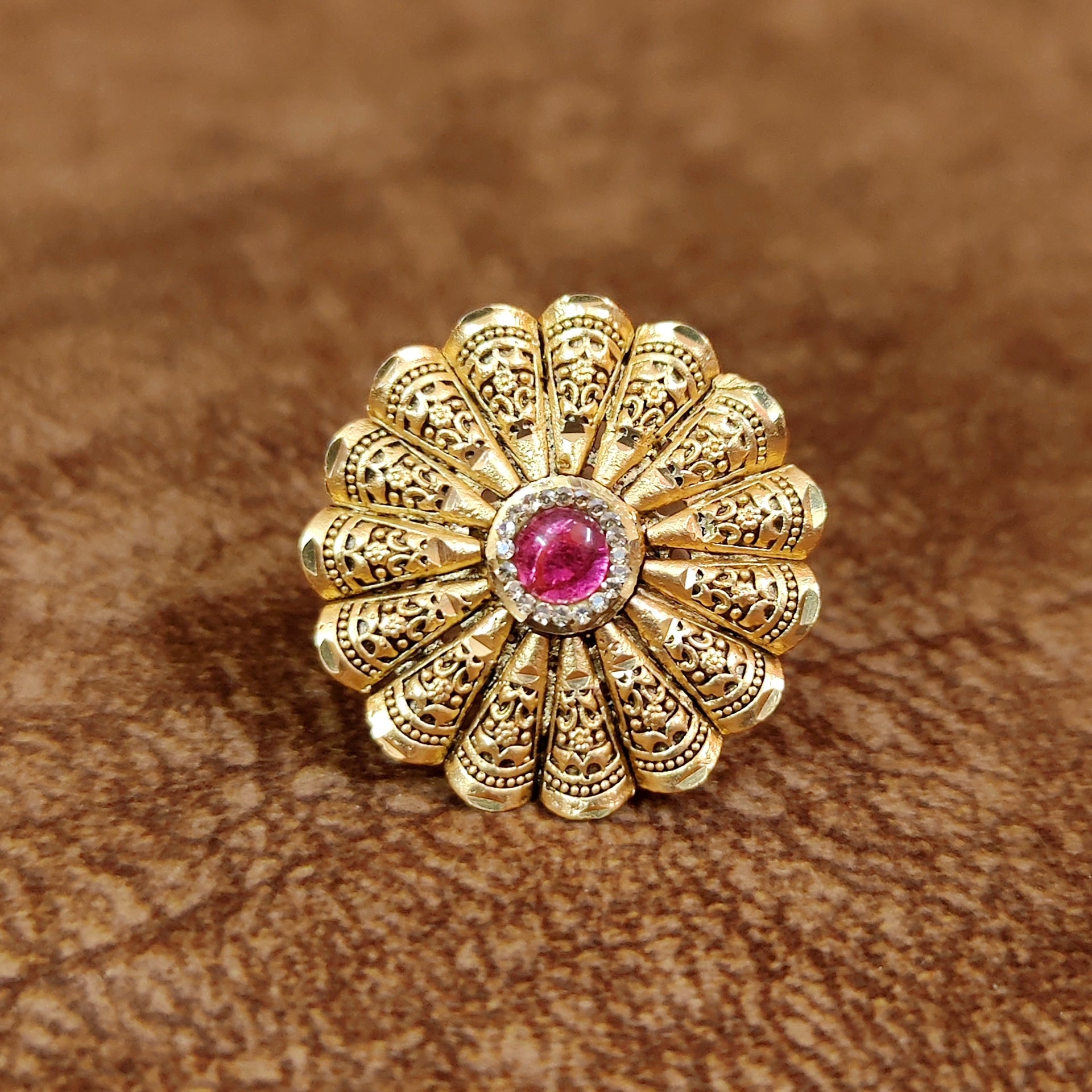 RUBY ANTIQUE GOLD PLATED ADJUSTABLE COCKTAIL RING