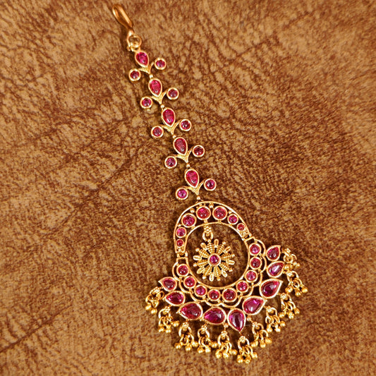 RUBY KEMPU STONE GOLD PLATED WEDDING MAANG TIKKA