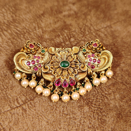 RUBY & EMERALD ANTIQUE GOLD LOOK REAL KEMP STONE HAIRCLIP
