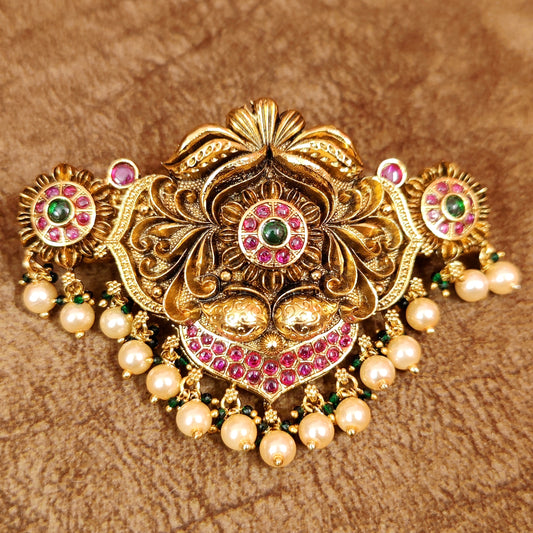 RUBY & EMERALD ANTIQUE LOOK REAL KEMP STONE HAIR CLIP