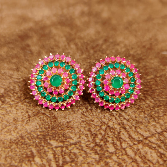 RUBY & EMERALD GOLD PLATED ROUND BIG STUDS