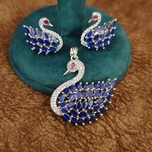 BLUE SAPPHIRE SILVER PLATED BIRD PENDANT SET