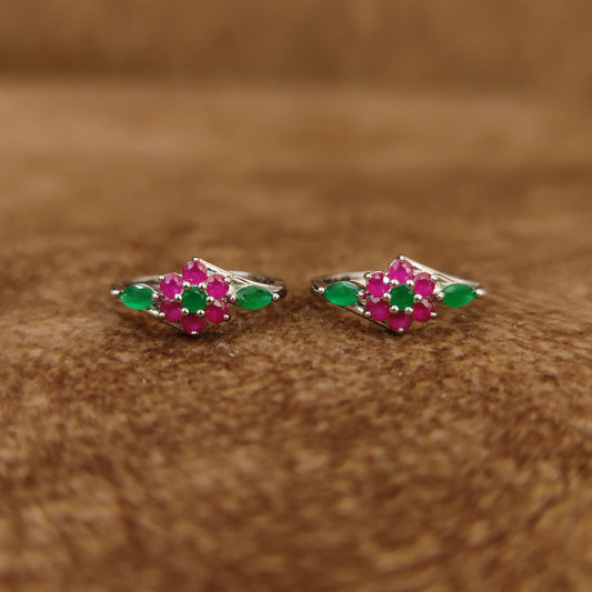 RUBY & EMERALD CZ STUDDED SILVER PLATED TOE RINGS
