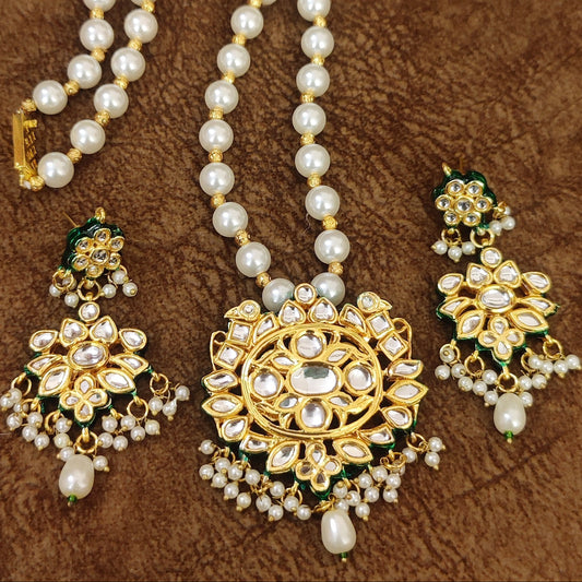 Royal Pearl Mala Kundan Pendant Set with Handcrafted Polki Design – Sanvi Jewels