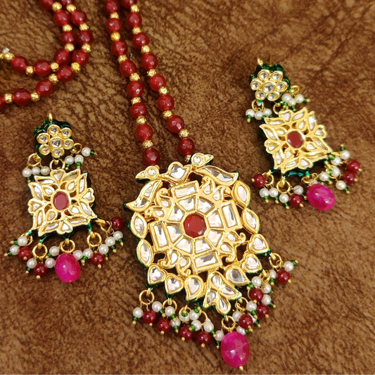 Sanvi Jewels Regal Kundan Meenakari Red Beaded Pendant Set