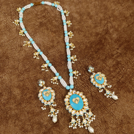 Aqua Pastel Kundan Pearl Mala Pendant Set – Royal Ethnic Statement Jewellery | Sanvi Jewels