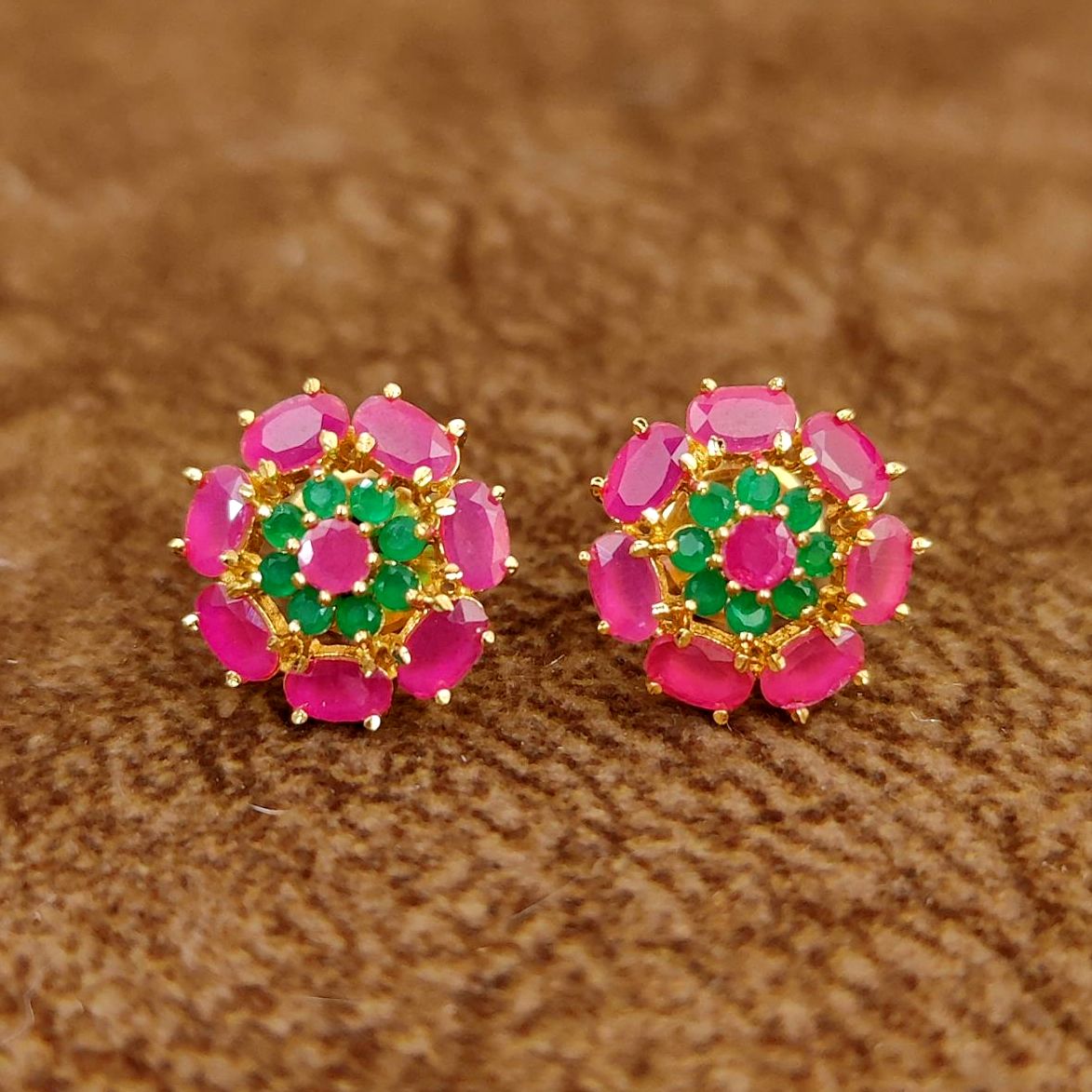 Pink Ruby Floral Stud Earrings with Green Stone by Sanvi Jewels Designer Imitation Jewellery