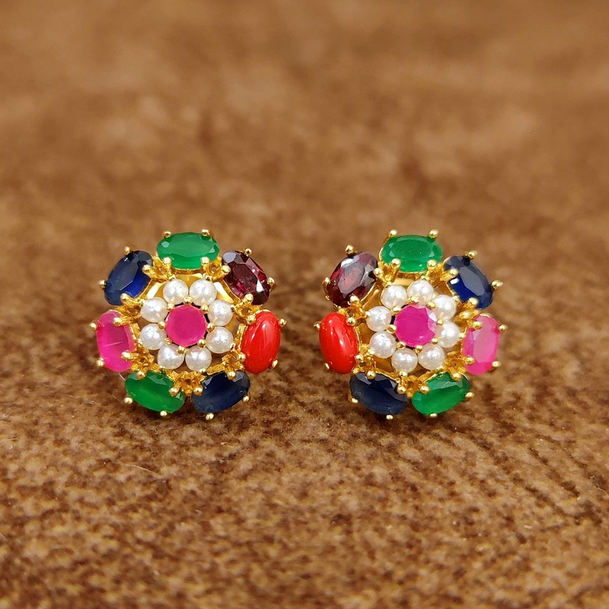 Navratna Multicolor Floral Pearl Stud Earrings by Sanvi Jewels Designer Imitation Jewellery