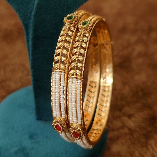 MULTICOLOUR STONE & PEARL ETHNIC PATTERN GOLD PLATED BANGLES