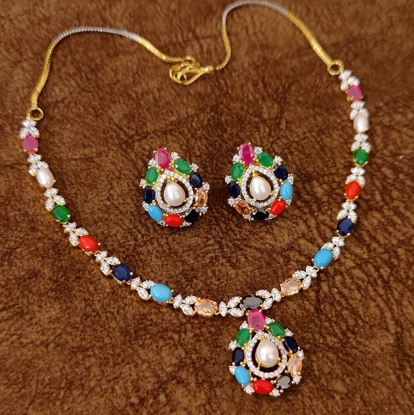 Navratna Pearl Teardrop CZ Necklace Set