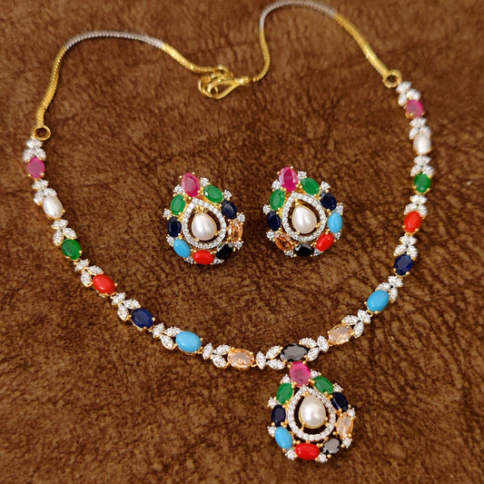 Navratna Pearl Teardrop CZ Necklace Set