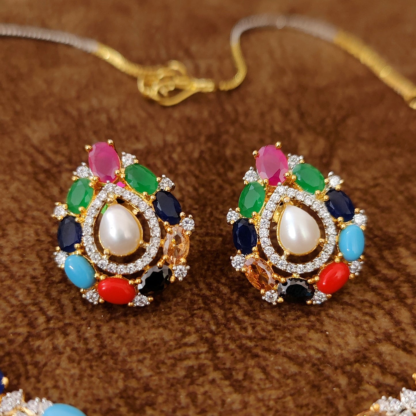 Navratna Pearl Teardrop CZ Necklace Set