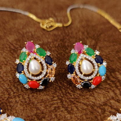 Navratna Pearl Teardrop CZ Necklace Set