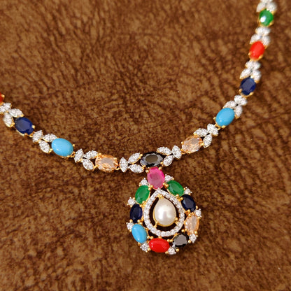 Navratna Pearl Teardrop CZ Necklace Set