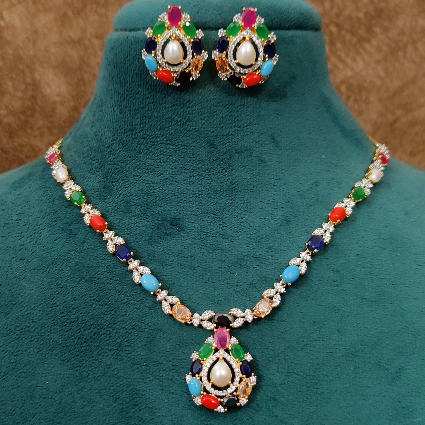Navratna Pearl Teardrop CZ Necklace Set