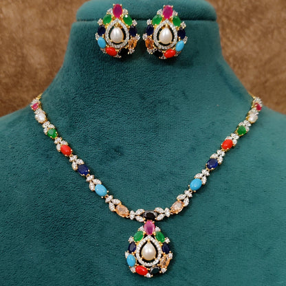 Navratna Pearl Teardrop CZ Necklace Set