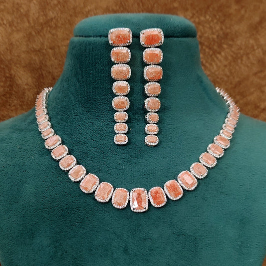 Peach Pink Diamond Look Necklace Set