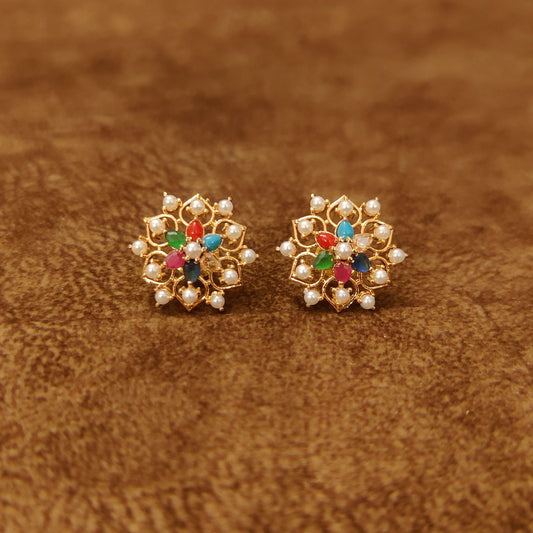 Floral Navratna Pearl Stud Earrings for Women