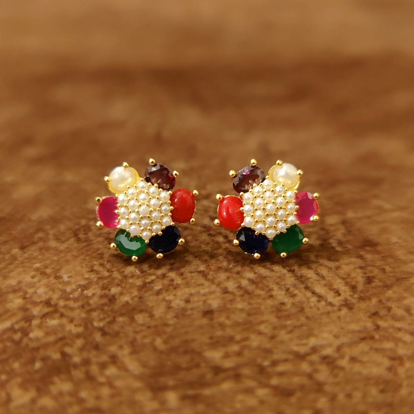 Multicolor Floral Pearl Stud Earrings by Sanvi Jewels Designer Imitation Jewellery