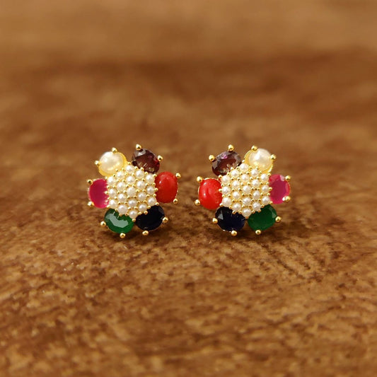 Multicolor Floral Pearl Stud Earrings by Sanvi Jewels Designer Imitation Jewellery