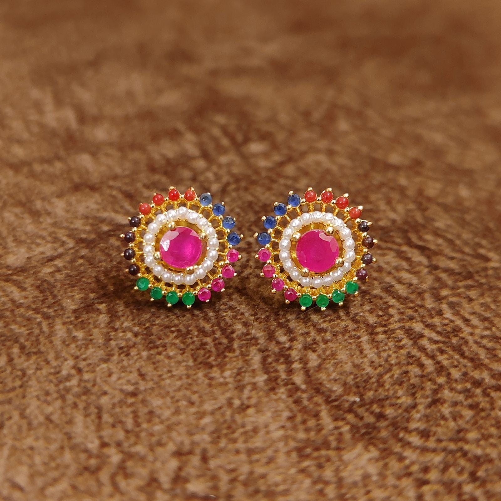 Navratna Multicolor Pearl Halo Stud Earrings by Sanvi Jewels Designer Imitation Jewellery