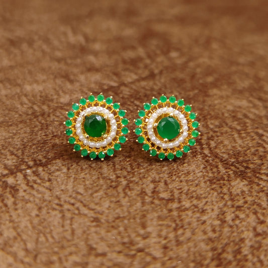 Emerald Green Pearl Halo Stud Earrings by Sanvi Jewels Designer Imitation Jewellery