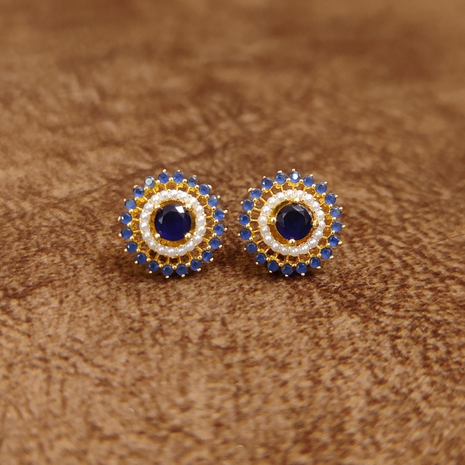 Royal Sapphire Blue Halo Stud Earrings by Sanvi Jewels Designer Imitation Jewellery