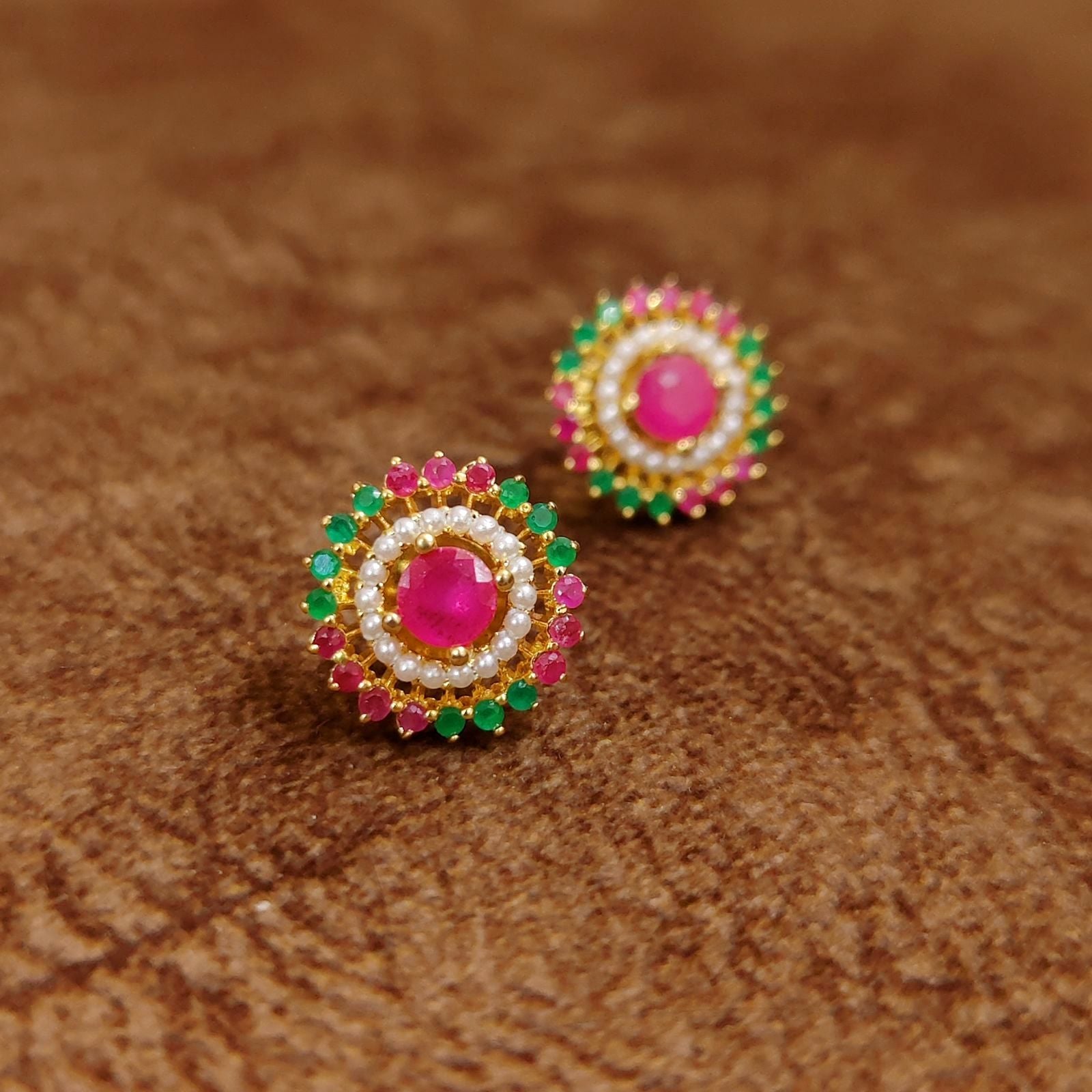 Ruby Pink Halo Stud Earrings with Pearl and Green Crystals – Designer Imitation Jewellery by Sanvi Jewels