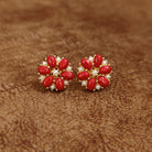 Ruby Red Floral Stud Earrings with Pearl Accents Designer Imitation Jewellery by Sanvi Jewels