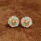 Pastel Pink and Mint Green Floral Stud Earrings with Pearl Accents Designer Imitation Jewellery by Sanvi Jewels