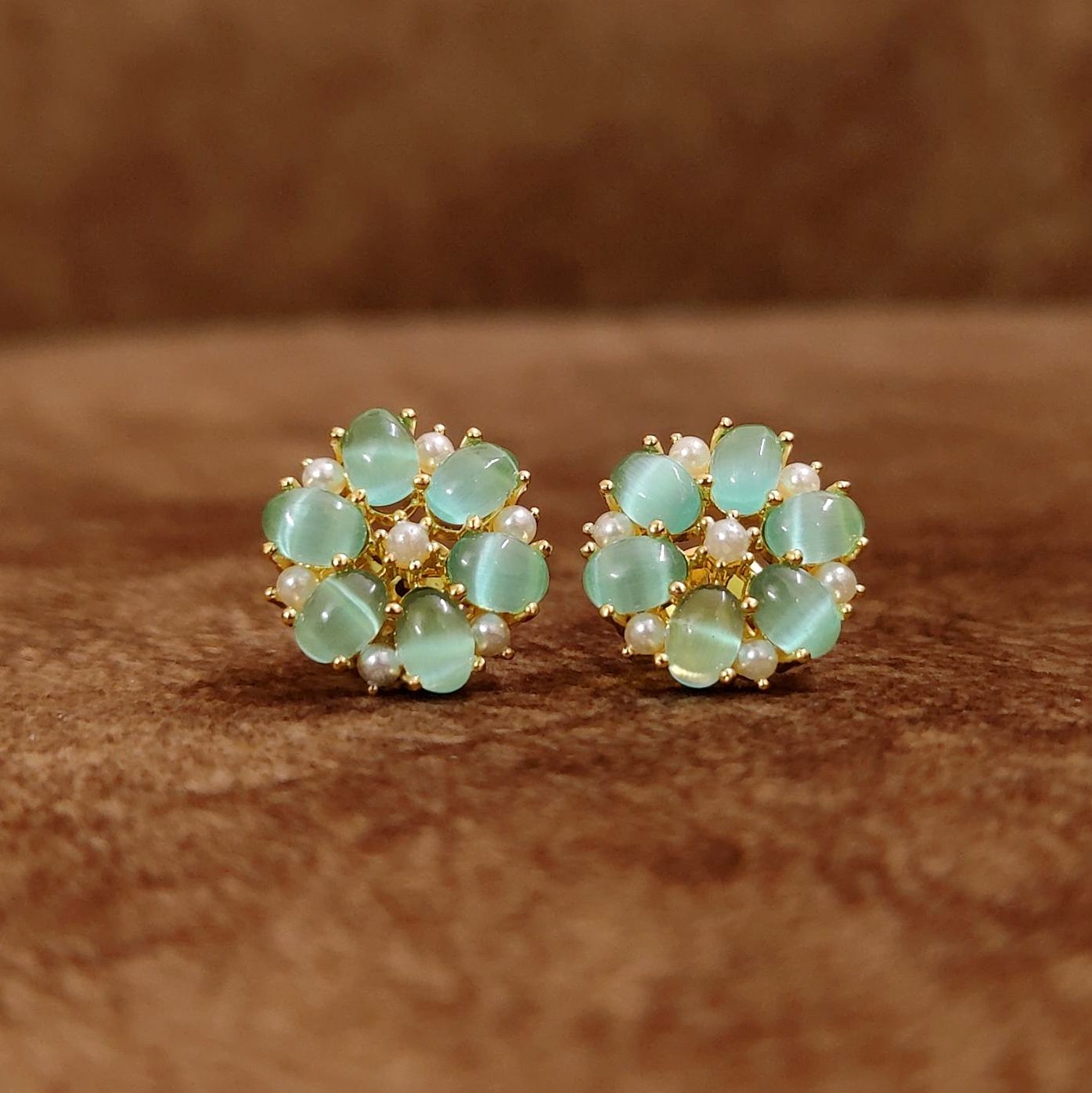 Mint Green Floral Stud Earrings with Pearl Accents Designer Imitation Jewellery by Sanvi Jewels