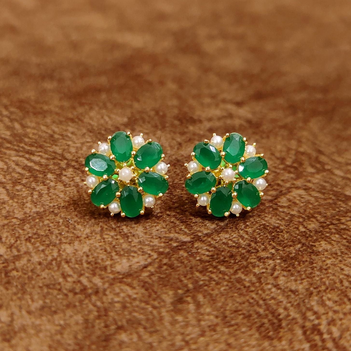 Emerald Green Floral Stud Earrings with Pearl Accents Designer Imitation Jewellery by Sanvi Jewels