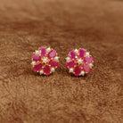 Ruby Pink Floral Stud Earrings with Pearl Accents Designer Imitation Jewellery by Sanvi Jewels