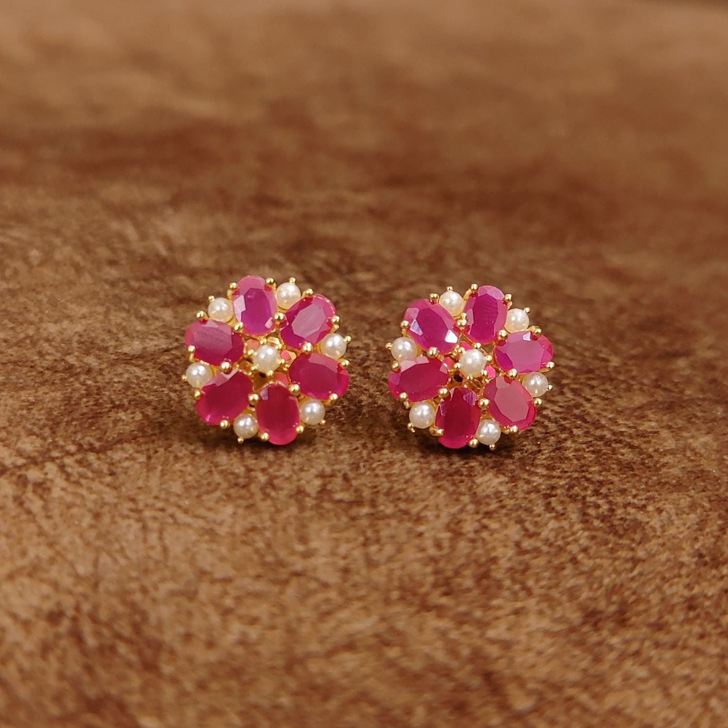 Ruby Pink Floral Stud Earrings with Pearl Accents Designer Imitation Jewellery by Sanvi Jewels