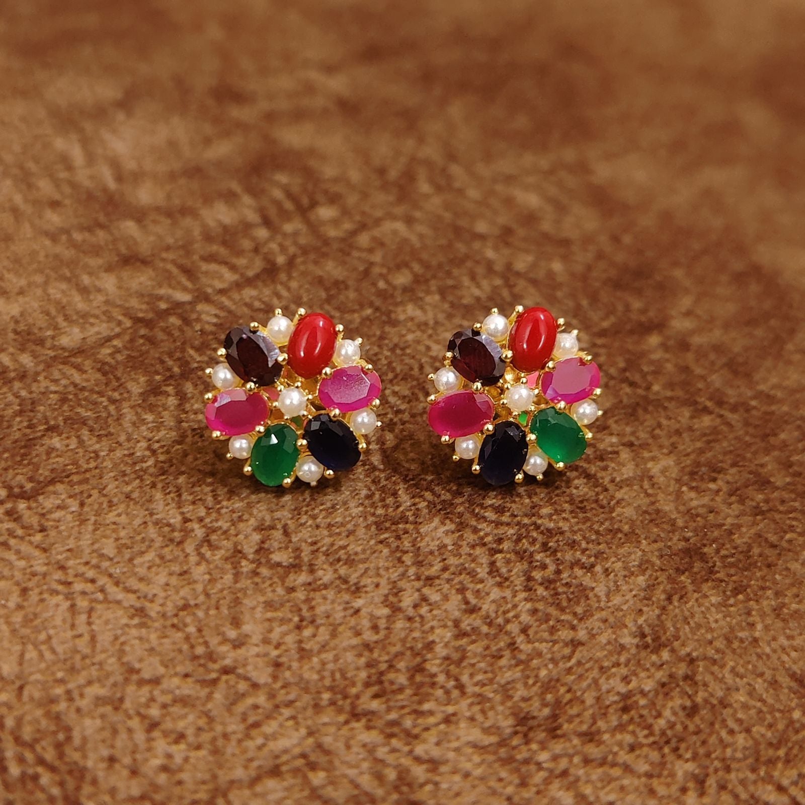 Multicolor Navratna Floral Stud Earrings with Pearl Accents Designer Imitation Jewellery by Sanvi Jewels